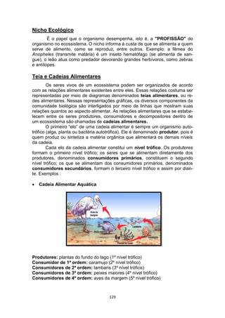 129
Nicho Ecológico
É o papel que o organismo desempenha, isto é, a "PROFISSÃO" do
organismo no ecossistema. O nicho informa à custa de que se alimenta a quem
serve de alimento, como se reproduz, entre outros. Exemplo: a fêmea do
Anopheles (transmite malária) é um inseto hematófago (se alimenta de san-
gue), o leão atua como predador devorando grandes herbívoros, como zebras
e antílopes.
Teia e Cadeias Alimentares
Os seres vivos de um ecossistema podem ser organizados de acordo
com as relações alimentares existentes entre eles. Essas relações costuma ser
representadas por meio de diagramas denominados teias alimentares, ou re-
des alimentares. Nessas representações gráficas, os diversos componentes da
comunidade biológica são interligados por meio de linhas que mostram suas
relações quantos ao aspecto alimentar. As relações alimentares que se estabe-
lecem entre os seres produtores, consumidores e decompositores dentro de
um ecossistema são chamadas de cadeias alimentares.
O primeiro “elo” de uma cadeia alimentar é sempre um organismo auto-
trófico (alga, planta ou bactéria autotrófica). Ele é denominado produtor, pois é
quem produz ou sintetiza a matéria orgânica que alimentará os demais níveis
da cadeia.
Cada elo da cadeia alimentar constitui um nível trófico. Os produtores
formam o primeiro nível trófico; os seres que se alimentam diretamente dos
produtores, denominados consumidores primários, constituem o segundo
nível trófico; os que se alimentam dos consumidores primários, denominados
consumidores secundários, formam o terceiro nível trófico e assim por dian-
te. Exemplos :
 Cadeia Alimentar Aquática
Produtores: plantas do fundo do lago (1º nível trófico)
Consumidor de 1ª ordem: caramujo (2º nível trófico)
Consumidores de 2ª ordem: lambaris (3º nível trófico)
Consumidores de 3ª ordem: peixes maiores (4º nível trófico)
Consumidores de 4ª ordem: aves da margem (5º nível trófico)
 