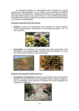 134
As interações (relações ou associações) entre indivíduos da mesma
espécie são intra-especificas; as que existem entre indivíduos de espécies
diferentes são interespecíficas. Interações desarmônicas (ou negativas) são as
que representam prejuízo para, pelo menos, um dos indivíduos associados;
interações harmônicas (ou positivas) são aquelas em que só há benefício (para
um ou ambos os participantes).
Relações Intraespecíficas Harmônicas
 Colônias: Trata-se de associações entre indivíduos da mesma espécie,
unidos anatomicamente. Pode haver ou não divisão de trabalho. Ex.: co-
rais e bactérias.
 Sociedades: As sociedades são formadas pela união permanente entre
indivíduos de uma mesma espécie, havendo divisão de trabalho. É o caso
dos insetos sociais (abelhas, cupins e formigas).
Relações Intraespecíficas Desarmônicas
 Competição Intraespecífica: Relação na qual indivíduo da mesma espécie
disputam recursos oferecidos pelo ecossistema (água, alimento, espaço ou
luz). A competição ocorre quando os indivíduos têm nichos ecológicos se-
melhantes ou idênticos.
 