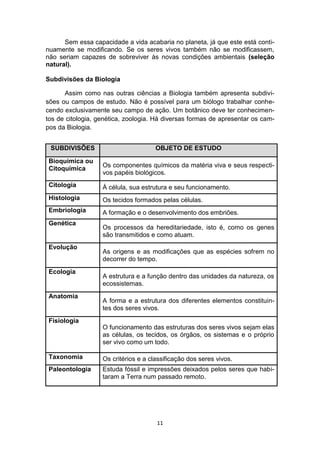 11
Sem essa capacidade a vida acabaria no planeta, já que este está conti-
nuamente se modificando. Se os seres vivos também não se modificassem,
não seriam capazes de sobreviver às novas condições ambientais (seleção
natural).
Subdivisões da Biologia
Assim como nas outras ciências a Biologia também apresenta subdivi-
sões ou campos de estudo. Não é possível para um biólogo trabalhar conhe-
cendo exclusivamente seu campo de ação. Um botânico deve ter conhecimen-
tos de citologia, genética, zoologia. Há diversas formas de apresentar os cam-
pos da Biologia.
SUBDIVISÕES OBJETO DE ESTUDO
Bioquímica ou
Citoquímica
Os componentes químicos da matéria viva e seus respecti-
vos papéis biológicos.
Citologia Á célula, sua estrutura e seu funcionamento.
Histologia Os tecidos formados pelas células.
Embriologia A formação e o desenvolvimento dos embriões.
Genética
Os processos da hereditariedade, isto é, como os genes
são transmitidos e como atuam.
Evolução
As origens e as modificações que as espécies sofrem no
decorrer do tempo.
Ecologia
A estrutura e a função dentro das unidades da natureza, os
ecossistemas.
Anatomia
A forma e a estrutura dos diferentes elementos constituin-
tes dos seres vivos.
Fisiologia
O funcionamento das estruturas dos seres vivos sejam elas
as células, os tecidos, os órgãos, os sistemas e o próprio
ser vivo como um todo.
Taxonomia Os critérios e a classificação dos seres vivos.
Paleontologia Estuda fóssil e impressões deixados pelos seres que habi-
taram a Terra num passado remoto.
 