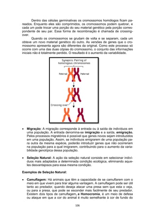 106
Dentro das células germinativas os cromossomos homólogos ficam pa-
reados. Enquanto eles são comprimidos, os cromossomos podem quebrar, e
cada um pode trocar uma porção do seu material genético pela porção corres-
pondente de seu par. Essa forma de recombinação é chamada de crossing-
over.
Quando os cromossomos se grudam de volta e se separam, cada um
obteve um novo material genético do outro. As versões de genes que o cro-
mossomo apresenta agora são diferentes da original. Como este processo só
ocorre com uma das duas cópias do cromossomo, o conjunto das informações
iniciais não é totalmente perdido. O resultado é o aumento da variabilidade.
 Migração: A migração corresponde à entrada ou à saída de indivíduos em
uma população. A entrada denomina-se imigração e a saída, emigração.
Pelos processos migratórios é possível que genes novos sejam introduzidos
em uma população. Assim, se indivíduos emigrarem de uma população pa-
ra outra da mesma espécie, poderão introduzir genes que não ocorreriam
na população para a qual imigrarem, contribuindo para o aumento da varia-
bilidade genotípica dessa população.
 Seleção Natural: A ação da seleção natural consiste em selecionar indiví-
duos mais adaptados a determinada condição ecológica, eliminando aque-
les desvantajosos para essa mesma condição.
Exemplos de Seleção Natural:
 Camuflagem: Há animais que têm a capacidade de se camuflarem com o
meio em que vivem para tirar alguma vantagem. A camuflagem pode ser útil
tanto ao predador, quando deseja atacar uma presa sem que esta o veja,
ou para a presa, que pode se esconder mais facilmente de seu predador.
Existem dois tipos de camuflagem, a Homocromia, é um meio de defesa
ou ataque em que a cor do animal é muito semelhante à cor de fundo do
 