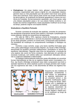 113
 Cladogênese: (do grego: kladós= ramo, gênese= origem) Compreende
processos responsáveis pela ruptura original de uma população (clados),
gerando duas ou mais populações que não podem mais trocar seus genes
entre seus indivíduos. Essa ruptura pode ocorrer em função de fenômenos
da deriva gênica, do surgimento de barreiras geográficas e mesmo da ocor-
rência de mutações. Se permanecerem separadas, sem trocar genes, cada
uma dessas populações passa a ter sua própria história evolutiva e, em
função dos eventos anagenéticos, essas populações modificam-se ao longo
do tempo, podendo originar uma espécie distinta.
Gradualismo e Equilíbrio Pontuado
Durante o processo de evolução das espécies, correntes de pensamen-
tos divergentes propuseram teorias para explicar a formação e perpetuação de
novas espécies, através de mecanismos de especiação.
Por volta de 1859 a 1972, vigorava a teoria do Gradualismo, proposta
por Charles Darwin, defendendo o acúmulo de pequenas modificações ao lon-
go de várias gerações, portanto um evento lento, condicionado pela transferên-
cia hereditária de mudanças no comportamento morfológico e fisiológico do
indivíduo.
Contrária a essa corrente, surgiu uma teoria científica formulada após
1972, pelos paleontólogos evolucionistas Stephen Jay Gould e Niles Eldredge,
denominada de equilíbrio pontuado (saltacionismo, pontualismo ou teoria dos
equilíbrios intermitentes). Segundo essa linha de pensamento, a evolução de
uma espécie não ocorre de forma constante, mas alternada em períodos de
escassas mudanças, com súbitos saltos que caracterizam alterações estrutu-
rais ou orgânicas adaptadas e selecionadas.
Os biólogos tradicionalmente atribuíram essas dificuldades em encontrar
formas intermediarias ao fato de os registros fósseis serem incompletos e fa-
lhos. Jay Gould e Eldredge contestaram essa visão e propuseram que tanto a
aparição repentina de várias espécies quanto os longos períodos sem mudan-
ças nos organismos são reais, e não decorrentes de falhas nos registros fós-
seis.
Esquema de dois modelos de
especiação considerando o
fator tempo: no gradualismo
as espécies descendem de
um ancestral comum e vão
sofrendo modificações gradu-
ais ao longo do tempo, relaci-
onadas com a adaptação ao
meio; no equilíbrio pontuado
as espécies descendem de
um ancestral comum por mu-
danças rápidas e depois pou-
co se modificam ao longo de
sua existência.
 