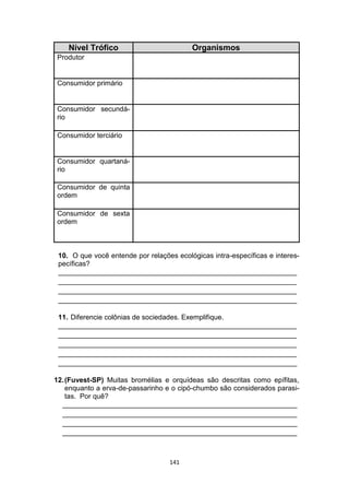 141
Nível Trófico Organismos
Produtor
Consumidor primário
Consumidor secundá-
rio
Consumidor terciário
Consumidor quartaná-
rio
Consumidor de quinta
ordem
Consumidor de sexta
ordem
10. O que você entende por relações ecológicas intra-específicas e interes-
pecíficas?
_____________________________________________________________
_____________________________________________________________
_____________________________________________________________
_____________________________________________________________
11. Diferencie colônias de sociedades. Exemplifique.
_____________________________________________________________
_____________________________________________________________
_____________________________________________________________
_____________________________________________________________
_____________________________________________________________
12.(Fuvest-SP) Muitas bromélias e orquídeas são descritas como epífitas,
enquanto a erva-de-passarinho e o cipó-chumbo são considerados parasi-
tas. Por quê?
____________________________________________________________
____________________________________________________________
____________________________________________________________
____________________________________________________________
 