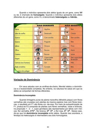 83
Quando o indivíduo apresenta dois alelos iguais de um gene, como VV
ou vv, é chamado de homozigoto. Quando o indivíduo apresenta dois alelos
diferentes de um gene, como Vv, é denominado heterozigoto ou híbrido.
Variação de Dominância
Em seus estudos com as ervilhas-de-cheiro, Mendel relatou a dominân-
cia e a recessividade completas. No entanto, na natureza há casos em que os
alelos se comportam de formas diferentes.
Dominância Incompleta
Quando linhagens puras da planta maravilha (Mirabilis jalapa) com flores
vermelhas são cruzadas com plantas da mesma espécie mas com flores bran-
cas, o resultado em F1 são flores cor -de-rosa. Por meio da autopolinização de
F1, produz-se F2 composta de plantas com flores vermelhas, rosas e brancas,
na proporção 1 : 2 : 1, cujos genótipos são representados por letras com índi-
ces: flor vermelha, CVCV ; flor branca, CB CB , e flor rosa, CV CB . Nesse caso,
diz-se que há dominância incompleta entre alelos. Quando isso acontece, o
fenótipo do heterozigoto é intermediário aos dois homozigotos.
 