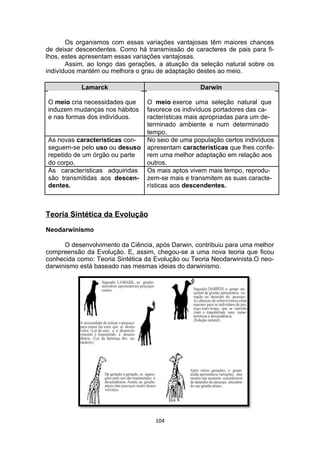 Os organismos com essas variações vantajosas têm maiores chances
de deixar descendentes. Como há transmissão de caracteres de pais para fi-
lhos, estes apresentam essas variações vantajosas.
Assim, ao longo das gerações, a atuação da seleção natural sobre os
indivíduos mantém ou melhora o grau de adaptação destes ao meio.
Lamarck Darwin
O meio cria necessidades que O meio exerce uma seleção natural que
induzem mudanças nos hábitos favorece os indivíduos portadores das ca-
e nas formas dos indivíduos. racterísticas mais apropriadas para um de-
terminado ambiente e num determinado
tempo.
As novas características con- No seio de uma população certos indivíduos
seguem-se pelo uso ou desuso apresentam características que lhes confe-
repetido de um órgão ou parte rem uma melhor adaptação em relação aos
do corpo. outros.
As características adquiridas Os mais aptos vivem mais tempo, reprodu-
são transmitidas aos descen- zem-se mais e transmitem as suas caracte-
dentes. rísticas aos descendentes.
Teoria Sintética da Evolução
Neodarwinismo
O desenvolvimento da Ciência, após Darwin, contribuiu para uma melhor
compreensão da Evolução. E, assim, chegou-se a uma nova teoria que ficou
conhecida como: Teoria Sintética da Evolução ou Teoria Neodarwinista.O neo-
darwinismo está baseado nas mesmas ideias do darwinismo.
104
 