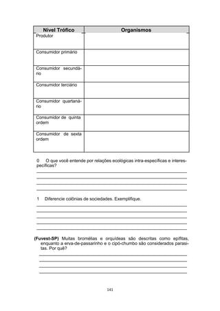 Nível Trófico Organismos
Produtor
Consumidor primário
Consumidor secundá-
rio
Consumidor terciário
Consumidor quartaná-
rio
Consumidor de quinta
ordem
Consumidor de sexta
ordem
0 O que você entende por relações ecológicas intra-específicas e interes-
pecíficas?
_____________________________________________________________
_____________________________________________________________
_____________________________________________________________
_____________________________________________________________
1 Diferencie colônias de sociedades. Exemplifique.
_____________________________________________________________
_____________________________________________________________
_____________________________________________________________
_____________________________________________________________
_____________________________________________________________
(Fuvest-SP) Muitas bromélias e orquídeas são descritas como epífitas,
enquanto a erva-de-passarinho e o cipó-chumbo são considerados parasi-
tas. Por quê?
____________________________________________________________
____________________________________________________________
____________________________________________________________
____________________________________________________________
141
 
