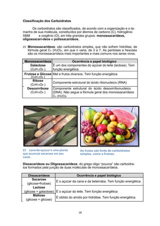 Classificação dos Carboidratos
Os carboidratos são classificados, de acordo com a organização e o ta-
manho de sua molécula, constituídos por átomos de carbono (C), hidrogênio
5888 e oxigênio (O), em três grandes grupos: monossacarídeos,
oligossacarí-deos e polissacarídeos.
23 Monossacarídeos: são carboidratos simples, que não sofrem hidrólise, de
fórmula geral Cn (H2O)n, em que n varia, de 3 a 7. As pentoses e hexoses
são os monossacarídeos mais importantes e mais comuns nos seres vivos.
Monossacarídeos Ocorrência e papel biológico
Galactose É um dos componentes do açúcar do leite (lactose). Tem
(C6H12O6 ) função energética
Frutose e Glicose Mel e frutos diversos. Tem função energética
(C6H12O6 )
Ribose
Componente estrutural do ácido ribonucleico (RNA)
(C5H10O6 )
Desoxirribose Componente estrutural do ácido desoxirribonucleico
(C5H10O4 ) (DNA). Não segue a fórmula geral dos monossacarídeos
Cn (H2O)n
23 cana-de-açúcar é uma planta
que acumula sacarose em seu
caule.
As frutas são fonte de carboidratos
simples, como a frutose.
Dissacarídeos ou Oligossacarídeos: do grego oligo “poucos” são carboidra-
tos formados pela junção de duas moléculas de monossacarídeos.
Dissacarídeos Ocorrência e papel biológico
Sacarose
É o açúcar da cana e da beterraba. Tem função energética.
(glicose+frutose)
Lactose
É o açúcar do leite. Tem função energética(glicose + galactose)
Maltose
É obtido do amido por hidrólise. Tem função energética.
(glicose + glicose)
18
 