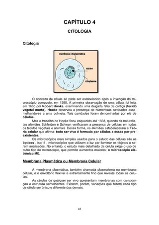 CAPÍTULO 4
CITOLOGIA
Citologia
O conceito de célula só pode ser estabelecido após a invenção do mi-
croscópio composto, em 1590. A primeira observação de uma célula foi feita
em 1665 por Robert Hooke, examinando uma delgada fatia de cortiça (tecido
vegetal morto). Hooke observou a presença de numerosas cavidades asse-
melhando-se a uma colmeia. Tais cavidades foram denominadas por ele de
células.
Mas o trabalho de Hooke ficou esquecido até 1838, quando os naturalis-
tas alemães Schleiden e Schwan verificaram a presença de células em todos
os tecidos vegetais e animais. Dessa forma, os alemães estabeleceram a Teo-
ria celular que afirma: todo ser vivo é formado por células e essas por pre-
existentes.
Os microscópios mais simples usados para o estudo das células são os
ópticos , isto é , microscópios que utilizam a luz par iluminar os objetos a se-
rem analisados. No entanto, o estudo mais detalhado da célula exige o uso de
outro tipo de microscópio, que permite aumentos maiores: o microscópio ele-
trônico ME.
Membrana Plasmática ou Membrana Celular
A membrana plasmática, também chamada plasmalema ou membrana
celular, é o envoltório flexível e extremamente fino que reveste todas as célu-
las.
As células de qualquer ser vivo apresentam membranas com composi-
ção e estrutura semelhantes. Existem, porém, variações que fazem cada tipo
de célula ser único e diferente dos demais.
42
 