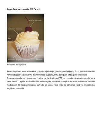 Como fazer um cupcake ?!? Parte I
Anatomia do cupcake
First things first. Vamos começar o nosso “workshop” (sentiu que o negócio ficou sério) do dia dos
namorados com o queridinho do momento o cupcake. Olhe bem para a foto para entendê-lo.
O nosso cupcake do dia dos namorados vai dar início ao PAP do cupcake. A primeira receita será
bem básica. Depois evoluímos com informações, utensílios e cupcakes mais elaborados usando
modelagem de pasta americana, ok? Não se afobe! Para início de conversa você vai precisar dos
seguintes materiais:
 