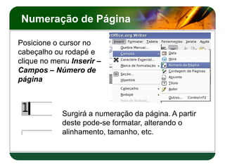 Numeração de Página
Posicione o cursor no
cabeçalho ou rodapé e
clique no menu Inserir –
Campos – Número de
página
Posicione o cursor no
cabeçalho ou rodapé e
clique no menu Inserir –
Campos – Número de
página
Surgirá a numeração da página. A partir
deste pode-se formatar, alterando o
alinhamento, tamanho, etc.
 