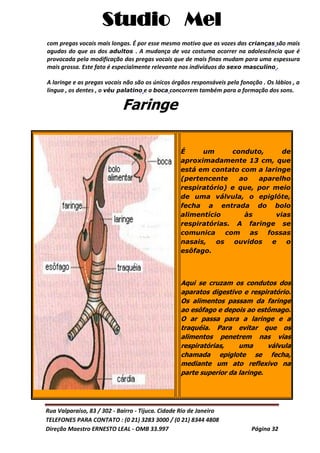 Studio Mel
Rua Valparaíso, 83 / 302 - Bairro - Tijuca. Cidade Rio de Janeiro
TELEFONES PARA CONTATO : (0 21) 3283 3000 / (0 21) 8344 4808
Direção Maestro ERNESTO LEAL - OMB 33.997 Página 32
com pregas vocais mais longas. É por esse mesmo motivo que as vozes das crianças são mais
agudas do que as dos adultos . A mudança de voz costuma ocorrer na adolescência que é
provocada pela modificação das pregas vocais que de mais finas mudam para uma espessura
mais grossa. Este fato é especialmente relevante nos indivíduos do sexo masculino .
A laringe e as pregas vocais não são os únicos órgãos responsáveis pela fonação . Os lábios , a
língua , os dentes , o véu palatino e a boca concorrem também para a formação dos sons.
Faringe
É um conduto, de
aproximadamente 13 cm, que
está em contato com a laringe
(pertencente ao aparelho
respiratório) e que, por meio
de uma válvula, o epiglóte,
fecha a entrada do bolo
alimentício às vias
respiratórias. A faringe se
comunica com as fossas
nasais, os ouvidos e o
esôfago.
Aqui se cruzam os condutos dos
aparatos digestivo e respiratório.
Os alimentos passam da faringe
ao esôfago e depois ao estômago.
O ar passa para a laringe e a
traquéia. Para evitar que os
alimentos penetrem nas vias
respiratórias, uma válvula
chamada epiglote se fecha,
mediante um ato reflexivo na
parte superior da laringe.
 