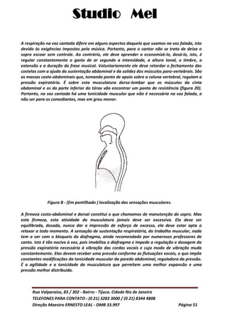 Studio Mel
Rua Valparaíso, 83 / 302 - Bairro - Tijuca. Cidade Rio de Janeiro
TELEFONES PARA CONTATO : (0 21) 3283 3000 / (0 21) 8344 4808
Direção Maestro ERNESTO LEAL - OMB 33.997 Página 51
A respiração na voz cantada difere em alguns aspectos daquela que usamos na voz falada, isto
devido às exigências impostas pela música. Portanto, para o cantor não se trata de deixa o
sopro escoar sem controle. Ao contrário, ele deve aprender a economizá-lo, dosá-lo, isto, é
regular constantemente o gasto de ar segundo a intensidade, a altura tonal, o timbre, a
extensão e a duração da frase musical. Voluntariamente ele deve retardar o fechamento das
costelas com a ajuda da sustentação abdominal e da solidez dos músculos para-vertebrais. São
as massas costo-abdominais que, tomando ponto de apoio sobre a coluna vertebral, regulam a
pressão expiratória. É sobre esta musculatura dorso-lombar que os músculos da cinta
abdominal e os da parte inferior do tórax vão encontrar um ponto de resistência (figura 20).
Portanto, na voz cantada há uma tonicidade muscular que não é necessária na voz falada, a
não ser para os comediantes, mas em grau menor.
Figura B - (Em pontilhado ) localização das sensações musculares.
A firmeza costo-abdominal e dorsal constitui o que chamamos de manutenção do sopro. Mas
esta firmeza, esta atividade da musculatura jamais deve ser excessiva. Ela deve ser
equilibrada, dosada, nunca dar a impressão de esforço de excesso, ela deve estar apta a
relaxar a todo momento. A sensação de sustentação respiratória, do trabalho muscular, nada
tem a ver com o bloqueio do diafragma, ainda recomendado por numerosos professores de
canto. Isto é tão nocivo à voz, pois imobiliza o diafragma e impede a regulação e dosagem da
pressão expiratória necessária à vibração das cordas vocais e cujo modo de vibração muda
constantemente. Elas devem receber uma pressão conforme as flutuações vocais, o que impõe
constantes modificações da tonicidade muscular da parede abdominal, reguladora da pressão.
É a agilidade e a tonicidade da musculatura que permitem uma melhor expansão e uma
pressão melhor distribuída.
 