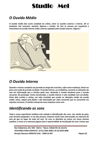 Studio Mel
Rua Valparaíso, 83 / 302 - Bairro - Tijuca. Cidade Rio de Janeiro
TELEFONES PARA CONTATO : (0 21) 3283 3000 / (0 21) 8344 4808
Direção Maestro ERNESTO LEAL - OMB 33.997 Página 63
O Ouvido Médio
O ouvido médio fica numa cavidade do crânio, entre os ouvidos externo e interno. Ali se
localizam três ossículos: martelo, bigorna e estribo. Os três se movem em sequência e
transmitem ao ouvido interno ondas sonoras captadas pelo ouvido externo. ( figura )
O Ouvido Interno
Quando a música completa sua jornada ao longo dos ossículos, sofre outra mudança, desta vez
para uma onda de pressão no fluído. O ouvido interno, ou verdadeiro, converte as vibrações do
som em informação que o cérebro pode usar, deixando o mundo mecânico para o mundo
sensorial, da psicologia. Como mencionado, o ouvido interno é uma cavidade com um fluído.
Parte dela contém a cóclea, um tubo enrolado que recebe as vibrações vindas do ouvido
médio. Estas, viajam pelo fluído e são detectadas por cílios sensoriais que as convertem em
impulsos nervosos. O cérebro interpreta esses impulsos como som.
Identificando os sons
Toda a nossa experiência auditiva está voltada à identificação dos sons. Um miado de gato,
uma torneira pingando e a voz das pessoas. Estamos muito mais interessados na natureza do
som do que no lugar de onde ele vem. Os sons se afunilam ao entrar em nosso sistema
auditivo, é como se a natureza jogasse fora a oportunidade de localização do som e temos que
 