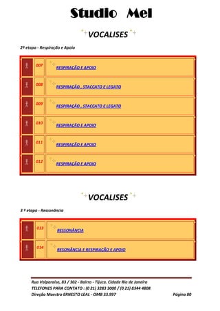 Studio Mel
Rua Valparaíso, 83 / 302 - Bairro - Tijuca. Cidade Rio de Janeiro
TELEFONES PARA CONTATO : (0 21) 3283 3000 / (0 21) 8344 4808
Direção Maestro ERNESTO LEAL - OMB 33.997 Página 80
VOCALISES
2ª etapa - Respiração e Apoio
007
RESPIRAÇÃO E APOIO
008
RESPIRAÇÃO , STACCATO E LEGATO
009
RESPIRAÇÃO , STACCATO E LEGATO
010
RESPIRAÇÃO E APOIO
011
RESPIRAÇÃO E APOIO
012
RESPIRAÇÃO E APOIO
VOCALISES
3 ª etapa - Ressonância
013
RESSONÂNCIA
014
RESONÂNCIA E RESPIRAÇÃO E APOIO
 