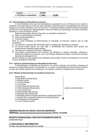 APOSTILA DE CONTABILIDADE GERAL - Prof: Wellington Milon Rodrigues



          Capital . . . . . . . . . . . . . . . . . .50.000
        (-) Prejuízos Acumulados . . ( 1.000) . . . . . . . 49.000


9.6 - Demonstrações do Resultado do exercício
        A conta Resultado serve, pois, de intermediária na apuração do Lucro ou Prejuízo de um exercício.
Entretanto, não basta apenas a conta do razão Resultado, onde aparecem as contrapartidas das contas de
despesa e de receita encerradas no fim do exercício. É necessário também a Demonstração do Resultado
do Exercício, onde aparecerão, detalhadamente e dentro de critérios de classificação, as contas de Receita,
Despesa e o Lucro ou Prejuízo Líquido.
        Nessa demonstração, deve ser observado um cabeçalho composto de:
    a) Nome ou denominação da empresa;
    b) Nome da demonstração; e,
    c) O período coberto.
    Entre as muitas finalidades da Demonstração do Resultado do Exercício, pode-se citar as mais
    importantes:
    a) Os acionistas e quotistas são informados sobre o resultado das operações da empresa;
    b) Os bancos podem apurar, por meio dele, a rentabilidade das empresas para atender aos
        financiamentos solicitados pelas mesmas;
    c) Interessa aos investidores de ações e debêntures;
    d) Aos próprios administradores para medirem sua eficiência e, quando necessário, alterarem a
        política dos negócios da empresa, como, por exemplo: alteração de preços, aumento de produção,
        expansão da propaganda, etc.
    Deve-se advertir que, para algumas das finalidades mencionadas, haverá a necessidade de um exame
    conjunto do Balanço Patrimonial.

9.6.1 - Estrutura da Demonstração do Resultado do Exercício
         A Demonstração do Resultado do Exercício é um resumo ordenado das receitas e despesas da
empresa em determinado período, normalmente de 12 meses. É apresentada de forma dedutiva (vertical),
ou seja, das receitas subtraem-se as despesas e, em seguida, indica-se o resultado (lucro ou prejuízo).

9.6 2 - Modelo de Demonstração do resultado do Exercício

       Receita Bruta
       (-) Deduções da Receita Bruta
       (=) Receita Líquida
       (-) Custo da Receita
       (=) Lucro Bruto
       (+) Outras Receitas Operacionais
       (-) Outras Despesas Operacionais                                    sentido vertical (dedutivo)
       (=) Lucro Operacional
       (+) Receitas Não Operacionais
       (-) Despesas Não Operacionais
       (=) Resultado Antes do Imposto de Renda e Contribuição Social
       (-) Provisão Para o Imposto de Renda e Contribuição Social
       (-) Participações de Empregados
       (=) Lucro / Prejuízo Líquido




DEMONSTRAÇÃO DO RESULTADO DO EXERCÍCIO
EMPRESA xxxxxxxxxxxxxxxxxxxxxxxxxxxxxxxx DATA: 31/12/XX

RECEITA OPERACIONAL BRUTA/FATURAMENTO BRUTO
vendas/serviços

(-) DEDUÇÕES E ABATIMENTOS
vendas canceladas/devolução de vendas

                                                                                                         32
 