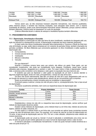 APOSTILA DE CONTABILIDADE GERAL - Prof: Wellington Milon Rodrigues



Vendas                  1.890.000 Vendas                    1.890.000 Vendas                     1.890.000
(-) CMV                 1.661.000 (-) CMV                   1.665.000 (-) CMV                    1.662.280
Resultado                 229.000 Resultado                   160.000 Resultado                    227.720

Estoque Final              164.000   Estoque Final            160.000   Estoque Final              162.712

       Vemos assim que, se três empresas tivessem adquirido mercadorias, nas mesmas qualidades,
pelos mesmos preços, e vendido nas mesmas condições, suas situações reais seriam, com a mesma
quantidade de estoque, porém suas demonstrações financeiras seriam diferentes, porque usamos critérios
também diferentes, embora todos se baseassem no custo de aquisição.
       Critérios diferentes levam a valores de estoque e resultados líquidos também diferentes.

11 - PROCEDIMENTOS CONTÁBEIS

11.1 - Depreciação, Amortização e Exaustão.
         Depreciação é a diminuição do valor dos bens do ativo imobilizado, resultante do desgaste pelo uso,
ação da natureza ou obsolescência normal. A Depreciação é aplicada aos bens materiais (tangíveis).
         A maior parte dos Ativos Imobilizados (exceção feita praticamente a Terrenos e Obras de Arte) tem
vida útil limitada, ou seja, serão úteis à empresa por um conjunto de períodos finitos, também chamados de
períodos contábeis. Os Bens Materiais que comumente aparecem no Ativo Imobilizado e estão sujeitos à
depreciação são:
    • Computadores,
    • Imóveis (exceto terrenos)
    • Instalações
    • Móveis e Utensílios
    • Veículos

         Por que depreciar?
         Quando a empresa compra bens para uso próprio, ela efetua um gasto. Esse gasto, por ser
considerado investimento, não pode ser contabilizado como despesa. Entretanto, esses bens, sendo
utilizados pela empresa, desgastam-se e perdem o valor. Por esse motivo é feita à depreciação. Através
dela, a empresa pode considerar como despesa o valor gasto na aquisição dos seus bens de uso.
         É evidente que para se depreciar o valor gasto na aquisição de um bem é preciso atender a
algumas exigências legais, tendo em vista, principalmente, o tempo de vida útil do bem.
         Os bens não duram eternamente; eles têm um tempo de vida útil o qual, desgastados pelo uso ou
em função da natureza ou mesmo pela obsolescência, deixam de ser convenientes para a empresa.
         Quais os procedimentos a serem tomados para se contabilizar a depreciação?
         O primeiro passo é estimar o tempo de vida útil para o bem e, conseqüentemente, fixar a taxa anual
de depreciação.
         Os prazos usualmente admitidos, bem como as respectivas taxas de depreciação são:

             Contas                         Prazos Admitidos                       Taxas Anuais
Computadores                                     5 anos                                20%
Imóveis, exceto terrenos                         25 anos                                4%
Instalações                                      10 anos                               10%
Móveis e Utensílios                              10 anos                               10%
Veículos                                         5 anos                                20%

         Estabelecidos o tempo de vida útil e a respectiva taxa anual de depreciação, vamos verificar qual
método de depreciação devemos adotar.
         Existem vários métodos de depreciação, como método linear ou em linha reta, método da soma dos
dígitos, método do saldo crescente, ect.
         O mais usado é o método linear ou em linha reta, que consiste em aplicar taxas constantes durante
o tempo de vida útil estimado para o bem. Por exemplo, se o tempo de vida de um bem foi determinado em
10 anos, à taxa anual de depreciação será de 10%. Por ser o mais utilizado, utilizaremos este método em
nossos exercícios.
         A depreciação pode ser anual ou mensal. A anual é calculada e contabilizada uma única vez ao
ano. O valor da quota anual é obtido aplicando-se a taxa normal de depreciação sobre o valor do bem.
         A mensal é calculada e contabilizada mensalmente. O valor da quota mensal é obtido dividindo-se o
valor da quota anual por 12.


                                                                                                         42
 