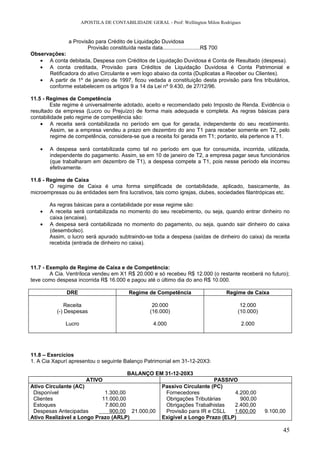 APOSTILA DE CONTABILIDADE GERAL - Prof: Wellington Milon Rodrigues


               a Provisão para Crédito de Liquidação Duvidosa
                       Provisão constituída nesta data.........................R$ 700
Observações:
   • A conta debitada, Despesa com Créditos de Liquidação Duvidosa é Conta de Resultado (despesa).
   • A conta creditada, Provisão para Créditos de Liquidação Duvidosa é Conta Patrimonial e
      Retificadora do ativo Circulante e vem logo abaixo da conta (Duplicatas a Receber ou Clientes).
   • A partir de 1º de janeiro de 1997, ficou vedada a constituição desta provisão para fins tributários,
      conforme estabelecem os artigos 9 a 14 da Lei nº 9.430, de 27/12/96.

11.5 - Regimes de Competência
        Este regime é universalmente adotado, aceito e recomendado pelo Imposto de Renda. Evidência o
resultado da empresa (Lucro ou Prejuízo) de forma mais adequada e completa. As regras básicas para
contabilidade pelo regime de competência são:
    • A receita será contabilizada no período em que for gerada, independente do seu recebimento.
         Assim, se a empresa vendeu a prazo em dezembro do ano T1 para receber somente em T2, pelo
         regime de competência, considera-se que a receita foi gerada em T1; portanto, ela pertence a T1.

   •   A despesa será contabilizada como tal no período em que for consumida, incorrida, utilizada,
       independente do pagamento. Assim, se em 10 de janeiro de T2, a empresa pagar seus funcionários
       (que trabalharam em dezembro de T1), a despesa compete a T1, pois nesse período ela incorreu
       efetivamente.

11.6 - Regime de Caixa
        O regime de Caixa é uma forma simplificada de contabilidade, aplicado, basicamente, às
microempresas ou às entidades sem fins lucrativos, tais como igrejas, clubes, sociedades filantrópicas etc.

       As regras básicas para a contabilidade por esse regime são:
   •   A receita será contabilizada no momento do seu recebimento, ou seja, quando entrar dinheiro no
       caixa (encaixe).
   •   A despesa será contabilizada no momento do pagamento, ou seja, quando sair dinheiro do caixa
       (desembolso).
       Assim, o lucro será apurado subtraindo-se toda a despesa (saídas de dinheiro do caixa) da receita
       recebida (entrada de dinheiro no caixa).



11.7 - Exemplo de Regime de Caixa e de Competência:
        A Cia. Ventríloca vendeu em X1 R$ 20.000 e só recebeu R$ 12.000 (o restante receberá no futuro);
teve como despesa incorrida R$ 16.000 e pagou até o último dia do ano R$ 10.000.

              DRE                          Regime de Competência                        Regime de Caixa

              Receita                                 20.000                                 12.000
          (-) Despesas                               (16.000)                               (10.000)

              Lucro                                   4.000                                  2.000




11.8 – Exercícios
1. A Cia Xapurí apresentou o seguinte Balanço Patrimonial em 31-12-20X3:

                                          BALANÇO EM 31-12-20X3
                        ATIVO                                                 PASSIVO
Ativo Circulante (AC)                                     Passivo Circulante (PC)
 Disponível                 1.300,00                       Fornecedores              4.200,00
 Clientes                  11.000,00                       Obrigações Tributárias      900,00
 Estoques                   7.800,00                       Obrigações Trabalhistas   2.400,00
 Despesas Antecipadas         900,00 21.000,00             Provisão para IR e CSLL   1.600,00          9.100,00
Ativo Realizável a Longo Prazo (ARLP)                     Exigível a Longo Prazo (ELP)

                                                                                                              45
 