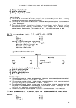 APOSTILA DE CONTABILIDADE GERAL - Prof: Wellington Milon Rodrigues


   a) Situação Líquida Positiva
   b) Situação Liquida Ativa
   c) Situação Líquida Superavitária


   Vejamos por que:
   a) É chamada de Situação Líquida Positiva porque o total dos elementos positivos (Bens + Direitos)
       supera o total dos elementos negativos (Obrigações)
   b) É chamada de Situação Líquida Ativa porque o total do Ativo (Bens + Direitos) supera o total do
       Passivo (Obrigações).
   c)   É chamada de Situação Liquida Superavitária por ser uma situação positiva. Suponha que haja
        intenção de se liquidar a empresa neste momento. A soma dos bens mais os direitos (R$ 300)
        superam a soma das obrigações (R4 180) sobrando para o proprietário da empresa R$ 120.



3.2 - Ativos menores do que Passivo – A < P = PASSIVO A DESCOBERTO
Exemplo:
                Bens                                   R$ 200
                Direitos                               R$ 100
                Obrigações                             R$ 340
         Aplicando a formula do Patrimônio Líquido temos:
                Patrimônio Líquido = Bens + Direitos – Obrigações
                Patrimônio Líquido = 200 + 100 – 340
                Patrimônio Líquido = 300 – 340
                Patrimônio Líquido = (40)


        Logo, o Balanço Patrimonial fica assim:

                                                  Patrimônio

                         ATIVO                                           PASSIVO

        Bens                             200             Obrigações                          340
        Direitos                         100             (-) Patrimônio Líquido             ( 40 )
        Total                            300             Total                               300


        Neste caso dizemos que o Patrimônio apresenta:
   a)   Situação Líquida Negativa
   b)   Situação Liquida Passiva
   c)   Situação Líquida Deficitária
   d)   Passivo a Descoberto

   Vejamos por que:
   a) É chamada de Situação Líquida Negativa porque o total dos elementos negativos (Obrigações)
       supera o total dos elementos positivos (Bens e Direitos)
   b) É chamada de Situação Líquida Passiva porque o total do Passivo (neste caso representado
       apenas por Obrigações) supera o total do Ativo (Bens e Direitos).
   c) É chamada de Situação Liquida Deficitária por ser uma situação negativa. Suponha que haja
       intenção de se liquidar a empresa neste momento. Vendendo todos os bens e direitos (R$ 300) não
       é suficiente para pagar todas as obrigações (R$ 340).
   d) É Passivo a Descoberto porque o total do Ativo não é suficiente para cobrir o total do Passivo.

3.3 - Ativo igual a Passivo – A = P – Situação Líquida Nula – Revela inexistência de riqueza própria

Exemplo:
                   Bens                                  R$ 200
                   Direitos                              R$ 100
                   Obrigações                            R$ 300

                                                                                                       9
 