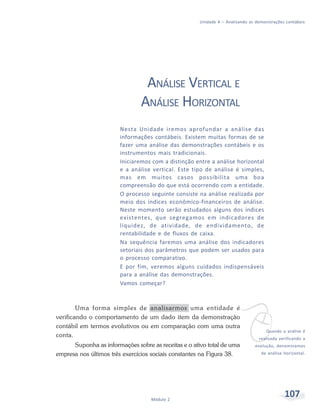 107
Módulo 2
Unidade 4 – Analisando as demonstrações contábeis
v
Quando a análise é
realizada verificando a
evolução, denominamos
de análise horizontal.
ANÁLISE VERTICAL E
ANÁLISE HORIZONTAL
Nesta Unidade iremos aprofundar a análise das
informações contábeis. Existem muitas formas de se
fazer uma análise das demonstrações contábeis e os
instrumentos mais tradicionais.
Iniciaremos com a distinção entre a análise horizontal
e a análise vertical. Este tipo de análise é simples,
mas em muitos casos possibilita uma boa
compreensão do que está ocorrendo com a entidade.
O processo seguinte consiste na análise realizada por
meio dos índices econômico-financeiros de análise.
Neste momento serão estudados alguns dos índices
existentes, que segregamos em indicadores de
liquidez, de atividade, de endividamento, de
rentabilidade e de fluxos de caixa.
Na sequência faremos uma análise dos indicadores
setoriais dos parâmetros que podem ser usados para
o processo comparativo.
E por fim, veremos alguns cuidados indispensáveis
para a análise das demonstrações.
Vamos começar?
Uma forma simples de analisarmos uma entidade é
verificando o comportamento de um dado item da demonstração
contábil em termos evolutivos ou em comparação com uma outra
conta.
Suponha as informações sobre as receitas e o ativo total de uma
empresa nos últimos três exercícios sociais constantes na Figura 38.
 