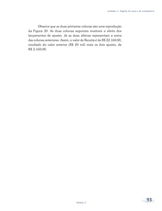 93
Módulo 2
Unidade 3 – Regime de caixa e de competência
Observe que as duas primeiras colunas são uma reprodução
da Figura 30. As duas colunas seguintes mostram o efeito dos
lançamentos de ajustes. Já as duas últimas representam a soma
das colunas anteriores. Assim, o valor de Receita é de R$ 22.160,00,
resultado do valor anterior (R$ 20 mil) mais os dois ajustes, de
R$ 2.160,00.
 