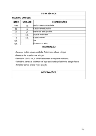 FICHA TÉCNICA
RECEITA: QUIBEBE
QTDE. UNIDADE INGREDIENTES
400 g Abóbora em macedônia
80 g Cebola em brunoise
2 un Dente de alho picado
1 c.s. Açúcar mascavo
2 c.s. Cheiro-verde
q.s. Sal
q.s. Pimenta do reino
PREPARAÇÃO:
- Aquecer o óleo e suar a cebola. Adicionar o alho e refogar.
- Acrescentar a abóbora e refogar.
- Temperar com o sal, a pimenta-do-reino e o açúcar mascavo.
- Tampar a panela e cozinhar em fogo baixo até que abóbora esteja macia.
- Finalizar com o cheiro verde picado.
OBSERVAÇÕES:
104
 