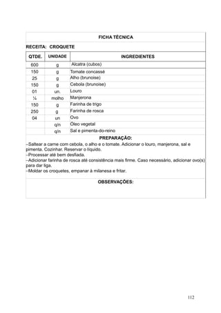 FICHA TÉCNICA
RECEITA: CROQUETE
QTDE. UNIDADE INGREDIENTES
600 g Alcatra (cubos)
150 g Tomate concassé
25 g Alho (brunoise)
150 g Cebola (brunoise)
01 un. Louro
¼ molho Manjerona
150 g Farinha de trigo
250 g Farinha de rosca
04 un Ovo
q/n Óleo vegetal
q/n Sal e pimenta-do-reino
PREPARAÇÃO:
−Saltear a carne com cebola, o alho e o tomate. Adicionar o louro, manjerona, sal e
pimenta. Cozinhar. Reservar o líquido.
−Processar até bem desfiada.
−Adicionar farinha de rosca até consistência mais firme. Caso necessário, adicionar ovo(s)
para dar liga.
−Moldar os croquetes, empanar à milanesa e fritar.
OBSERVAÇÕES:
112
 