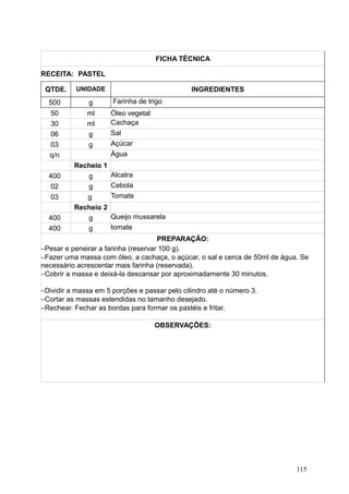 FICHA TÉCNICA
RECEITA: PASTEL
QTDE. UNIDADE INGREDIENTES
500 g Farinha de trigo
50 ml Óleo vegetal
30 ml Cachaça
06 g Sal
03 g Açúcar
q/n Água
Recheio 1
400 g Alcatra
02 g Cebola
03 g Tomate
Recheio 2
400 g Queijo mussarela
400 g tomate
PREPARAÇÃO:
−Pesar e peneirar a farinha (reservar 100 g).
−Fazer uma massa com óleo, a cachaça, o açúcar, o sal e cerca de 50ml de água. Se
necessário acrescentar mais farinha (reservada).
−Cobrir a massa e deixá-la descansar por aproximadamente 30 minutos.
−Dividir a massa em 5 porções e passar pelo cilindro até o número 3.
−Cortar as massas estendidas no tamanho desejado.
−Rechear. Fechar as bordas para formar os pastéis e fritar.
OBSERVAÇÕES:
115
 