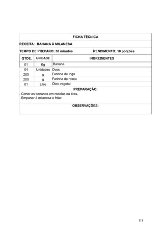 FICHA TÉCNICA
RECEITA: BANANA À MILANESA
TEMPO DE PREPARO: 30 minutos RENDIMENTO: 10 porções
QTDE. UNIDADE INGREDIENTES
01 Kg Banana
04 Unidades Ovos
200 g Farinha de trigo
200 g Farinha de rosca
01 Litro Óleo vegetal
PREPARAÇÃO:
−Cortar as bananas em rodelas ou tiras.
−Empanar à milanesa e fritar.
OBSERVAÇÕES:
118
 