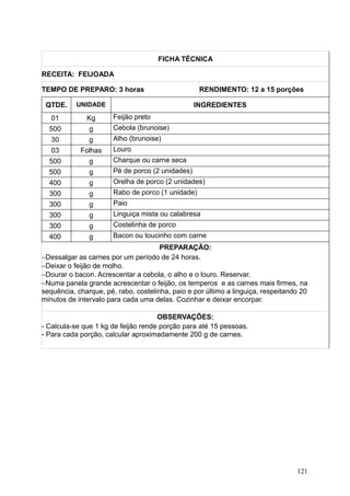 FICHA TÉCNICA
RECEITA: FEIJOADA
TEMPO DE PREPARO: 3 horas RENDIMENTO: 12 a 15 porções
QTDE. UNIDADE INGREDIENTES
01 Kg Feijão preto
500 g Cebola (brunoise)
30 g Alho (brunoise)
03 Folhas Louro
500 g Charque ou carne seca
500 g Pé de porco (2 unidades)
400 g Orelha de porco (2 unidades)
300 g Rabo de porco (1 unidade)
300 g Paio
300 g Linguiça mista ou calabresa
300 g Costelinha de porco
400 g Bacon ou toucinho com carne
PREPARAÇÃO:
−Dessalgar as carnes por um período de 24 horas.
−Deixar o feijão de molho.
−Dourar o bacon. Acrescentar a cebola, o alho e o louro. Reservar.
−Numa panela grande acrescentar o feijão, os temperos e as carnes mais firmes, na
sequência, charque, pé, rabo, costelinha, paio e por último a linguiça, respeitando 20
minutos de intervalo para cada uma delas. Cozinhar e deixar encorpar.
OBSERVAÇÕES:
- Calcula-se que 1 kg de feijão rende porção para até 15 pessoas.
- Para cada porção, calcular aproximadamente 200 g de carnes.
121
 
