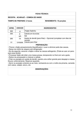 FICHA TÉCNICA
RECEITA: ACARAJÉ – COMIDA DE IANSÃ
TEMPO DE PREPARO: 2 horas RENDIMENTO: 10 porções
QTDE. UNIDADE INGREDIENTES
500 g Feijão fradinho
300 g Cebola em brunoise
q/b Sal
260 ml Azeite de dendê (para fritar) – Opcional (completar com óleo de
canola)
01 Unidade Cebola para fritar
PREPARAÇÃO:
−Triturar o feijão grosseiramente (liquidificador). Lavar e eliminar parte das cascas.
−Deixar de molho de véspera sob refrigeração.
−No dia seguinte, escorrer o feijão e retirar as cascas esfregando. (Pode-se usar um pano
para essa tarefa).
−Processar feijão até obter uma massa grossa, temperando no final com sal a gosto.
−Retirar do processador e misturar a cebola.
−Fritar os acarajés em azeite de dendê, usando uma colher grande para despejar a massa.
Dourar uniformemente. Reservar aquecido.
−Servir os acarajés cortando-os ao meio, recheando-os com o molho de pimenta, camarão
com casca, vatapá, caruru, etc.
OBSERVAÇÕES:
22
 