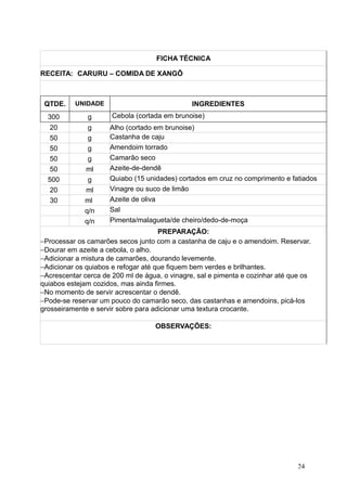 FICHA TÉCNICA
RECEITA: CARURU – COMIDA DE XANGÔ
QTDE. UNIDADE INGREDIENTES
300 g Cebola (cortada em brunoise)
20 g Alho (cortado em brunoise)
50 g Castanha de caju
50 g Amendoim torrado
50 g Camarão seco
50 ml Azeite-de-dendê
500 g Quiabo (15 unidades) cortados em cruz no comprimento e fatiados
20 ml Vinagre ou suco de limão
30 ml Azeite de oliva
q/n Sal
q/n Pimenta/malagueta/de cheiro/dedo-de-moça
PREPARAÇÃO:
−Processar os camarões secos junto com a castanha de caju e o amendoim. Reservar.
−Dourar em azeite a cebola, o alho.
−Adicionar a mistura de camarões, dourando levemente.
−Adicionar os quiabos e refogar até que fiquem bem verdes e brilhantes.
−Acrescentar cerca de 200 ml de água, o vinagre, sal e pimenta e cozinhar até que os
quiabos estejam cozidos, mas ainda firmes.
−No momento de servir acrescentar o dendê.
−Pode-se reservar um pouco do camarão seco, das castanhas e amendoins, picá-los
grosseiramente e servir sobre para adicionar uma textura crocante.
OBSERVAÇÕES:
24
 