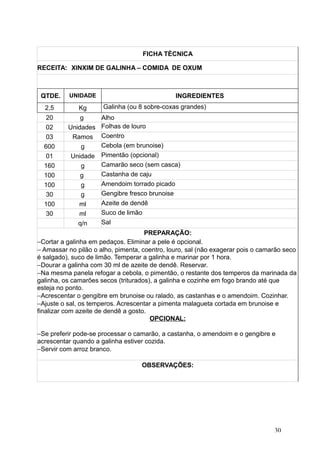 FICHA TÉCNICA
RECEITA: XINXIM DE GALINHA – COMIDA DE OXUM
QTDE. UNIDADE INGREDIENTES
2,5 Kg Galinha (ou 8 sobre-coxas grandes)
20 g Alho
02 Unidades Folhas de louro
03 Ramos Coentro
600 g Cebola (em brunoise)
01 Unidade Pimentão (opcional)
160 g Camarão seco (sem casca)
100 g Castanha de caju
100 g Amendoim torrado picado
30 g Gengibre fresco brunoise
100 ml Azeite de dendê
30 ml Suco de limão
q/n Sal
PREPARAÇÃO:
−Cortar a galinha em pedaços. Eliminar a pele é opcional.
− Amassar no pilão o alho, pimenta, coentro, louro, sal (não exagerar pois o camarão seco
é salgado), suco de limão. Temperar a galinha e marinar por 1 hora.
−Dourar a galinha com 30 ml de azeite de dendê. Reservar.
−Na mesma panela refogar a cebola, o pimentão, o restante dos temperos da marinada da
galinha, os camarões secos (triturados), a galinha e cozinhe em fogo brando até que
esteja no ponto.
−Acrescentar o gengibre em brunoise ou ralado, as castanhas e o amendoim. Cozinhar.
−Ajuste o sal, os temperos. Acrescentar a pimenta malagueta cortada em brunoise e
finalizar com azeite de dendê a gosto.
OPCIONAL:
−Se preferir pode-se processar o camarão, a castanha, o amendoim e o gengibre e
acrescentar quando a galinha estiver cozida.
−Servir com arroz branco.
OBSERVAÇÕES:
30
 