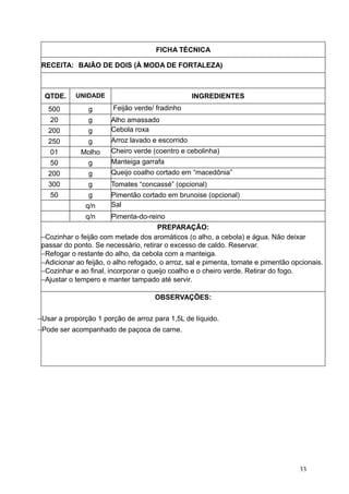 FICHA TÉCNICA
RECEITA: BAIÃO DE DOIS (À MODA DE FORTALEZA)
QTDE. UNIDADE INGREDIENTES
500 g Feijão verde/ fradinho
20 g Alho amassado
200 g Cebola roxa
250 g Arroz lavado e escorrido
01 Molho Cheiro verde (coentro e cebolinha)
50 g Manteiga garrafa
200 g Queijo coalho cortado em “macedônia”
300 g Tomates “concassé” (opcional)
50 g Pimentão cortado em brunoise (opcional)
q/n Sal
q/n Pimenta-do-reino
PREPARAÇÃO:
−Cozinhar o feijão com metade dos aromáticos (o alho, a cebola) e água. Não deixar
passar do ponto. Se necessário, retirar o excesso de caldo. Reservar.
−Refogar o restante do alho, da cebola com a manteiga.
−Adicionar ao feijão, o alho refogado, o arroz, sal e pimenta, tomate e pimentão opcionais.
−Cozinhar e ao final, incorporar o queijo coalho e o cheiro verde. Retirar do fogo.
−Ajustar o tempero e manter tampado até servir.
OBSERVAÇÕES:
−Usar a proporção 1 porção de arroz para 1,5L de líquido.
−Pode ser acompanhado de paçoca de carne.
33
 