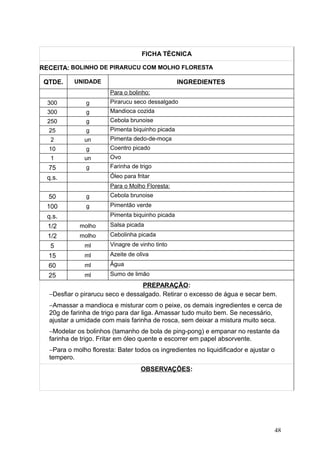 FICHA TÉCNICA
RECEITA: BOLINHO DE PIRARUCU COM MOLHO FLORESTA
QTDE. UNIDADE INGREDIENTES
Para o bolinho:
300 g Pirarucu seco dessalgado
300 g Mandioca cozida
250 g Cebola brunoise
25 g Pimenta biquinho picada
2 un Pimenta dedo-de-moça
10 g Coentro picado
1 un Ovo
75 g Farinha de trigo
q.s. Óleo para fritar
Para o Molho Floresta:
50 g Cebola brunoise
100 g Pimentão verde
q.s. Pimenta biquinho picada
1/2 molho Salsa picada
1/2 molho Cebolinha picada
5 ml Vinagre de vinho tinto
15 ml Azeite de oliva
60 ml Água
25 ml Sumo de limão
PREPARAÇÃO:
−Desfiar o pirarucu seco e dessalgado. Retirar o excesso de água e secar bem.
−Amassar a mandioca e misturar com o peixe, os demais ingredientes e cerca de
20g de farinha de trigo para dar liga. Amassar tudo muito bem. Se necessário,
ajustar a umidade com mais farinha de rosca, sem deixar a mistura muito seca.
−Modelar os bolinhos (tamanho de bola de ping-pong) e empanar no restante da
farinha de trigo. Fritar em óleo quente e escorrer em papel absorvente.
−Para o molho floresta: Bater todos os ingredientes no liquidificador e ajustar o
tempero.
OBSERVAÇÕES:
48
 