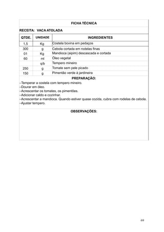FICHA TÉCNICA
RECEITA: VACA ATOLADA
QTDE. UNIDADE INGREDIENTES
1,5 Kg Costela bovina em pedaços
300 g Cebola cortada em rodelas finas
01 Kg Mandioca (aipim) descascada e cortada
60 ml Óleo vegetal
q/b Tempero mineiro
250 g Tomate sem pele picado
150 g Pimentão verde à jardineira
PREPARAÇÃO:
−Temperar a costela com tempero mineiro.
−Dourar em óleo.
−Acrescentar os tomates, os pimentões.
−Adicionar caldo e cozinhar.
−Acrescentar a mandioca. Quando estiver quase cozida, cubra com rodelas de cebola.
−Ajustar tempero.
OBSERVAÇÕES:
69
 