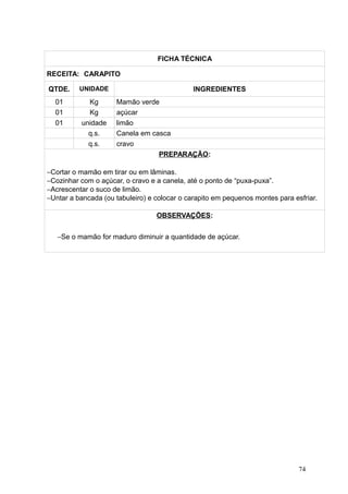 FICHA TÉCNICA
RECEITA: CARAPITO
QTDE. UNIDADE INGREDIENTES
01 Kg Mamão verde
01 Kg açúcar
01 unidade limão
q.s. Canela em casca
q.s. cravo
PREPARAÇÃO:
−Cortar o mamão em tirar ou em lâminas.
−Cozinhar com o açúcar, o cravo e a canela, até o ponto de “puxa-puxa”.
−Acrescentar o suco de limão.
−Untar a bancada (ou tabuleiro) e colocar o carapito em pequenos montes para esfriar.
OBSERVAÇÕES:
−Se o mamão for maduro diminuir a quantidade de açúcar.
74
 