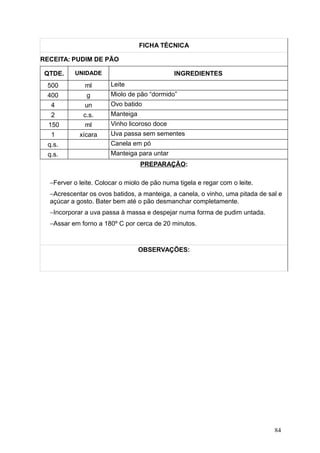 FICHA TÉCNICA
RECEITA: PUDIM DE PÃO
QTDE. UNIDADE INGREDIENTES
500 ml Leite
400 g Miolo de pão “dormido”
4 un Ovo batido
2 c.s. Manteiga
150 ml Vinho licoroso doce
1 xícara Uva passa sem sementes
q.s. Canela em pó
q.s. Manteiga para untar
PREPARAÇÃO:
−Ferver o leite. Colocar o miolo de pão numa tigela e regar com o leite.
−Acrescentar os ovos batidos, a manteiga, a canela, o vinho, uma pitada de sal e
açúcar a gosto. Bater bem até o pão desmanchar completamente.
−Incorporar a uva passa à massa e despejar numa forma de pudim untada.
−Assar em forno a 180º C por cerca de 20 minutos.
OBSERVAÇÕES:
84
 