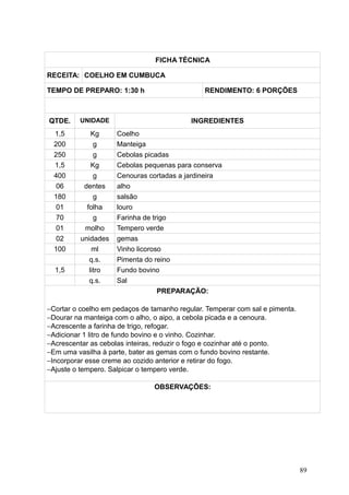FICHA TÉCNICA
RECEITA: COELHO EM CUMBUCA
TEMPO DE PREPARO: 1:30 h RENDIMENTO: 6 PORÇÕES
QTDE. UNIDADE INGREDIENTES
1,5 Kg Coelho
200 g Manteiga
250 g Cebolas picadas
1,5 Kg Cebolas pequenas para conserva
400 g Cenouras cortadas a jardineira
06 dentes alho
180 g salsão
01 folha louro
70 g Farinha de trigo
01 molho Tempero verde
02 unidades gemas
100 ml Vinho licoroso
q.s. Pimenta do reino
1,5 litro Fundo bovino
q.s. Sal
PREPARAÇÃO:
−Cortar o coelho em pedaços de tamanho regular. Temperar com sal e pimenta.
−Dourar na manteiga com o alho, o aipo, a cebola picada e a cenoura.
−Acrescente a farinha de trigo, refogar.
−Adicionar 1 litro de fundo bovino e o vinho. Cozinhar.
−Acrescentar as cebolas inteiras, reduzir o fogo e cozinhar até o ponto.
−Em uma vasilha à parte, bater as gemas com o fundo bovino restante.
−Incorporar esse creme ao cozido anterior e retirar do fogo.
−Ajuste o tempero. Salpicar o tempero verde.
OBSERVAÇÕES:
89
 