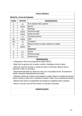 FICHA TÉCNICA
RECEITA: CUCA DE BANANA
QTDE. UNIDADE INGREDIENTES
4 un Ovo (separar clara e gema)
2 xícara Açúcar
3 c.s. Manteiga
2 xícara Farinha de trigo
1 xícara Amido de milho
1 c.s. Fermento químico
3/4 xícara Leite
100 ml Conhaque
10 un Banana nanica ou prata cortada em rodelas
1 pitada Sal
Cobertura:
6 c.s. Açúcar
8 c.s. Farinha de trigo
3 c.s. Canela em pó
PREPARAÇÃO:
- Preaquecer o forno em temperatura média (180°C).
- Bater bem as gemas com o açúcar. Juntar a manteiga e tornar a bater.
- Adicionar a farinha de trigo, o amido de milho e o fermento. Misturar bem e
adicionar o leite e o conhaque.
- Separadamente bater as claras em neve com uma pitada de sal. Acrescentar à
massa, mexendo delicadamente sem bater.
- Despejar metade da massa numa assadeira untada. Dispor as rodelas de banana
sobre a massa e cobrir com o restante da massa. Cobrir com o restante da banana.
- Misturar bem todos os ingredientes da cobertura e espalhar sobre a banana.
- Assar a cuca por cerca de 30 minutos, ou até seca e dourada.
OBSERVAÇÕES:
90
 