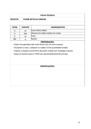 FICHA TÉCNICA
RECEITA: PUDIM GETÚLIO VARGAS
QTDE. UNIDADE INGREDIENTES
½ un Coco inteiro ralado
½ lata Abacaxi em calda cortado em cubos
5 un Ovos
300 g Açúcar
PREPARAÇÃO:
−Fazer uma gemada (não muito firme) com os ovos e açúcar.
−Incorporar o coco, o abacaxi e a calda (1/3 da quantidade da lata).
−Colocar o preparo numa forma de pudim untada com manteiga e açúcar.
−Assar em banho-maria a 150ºC por aproximadamente 60 minutos.
OBSERVAÇÕES:
95
 