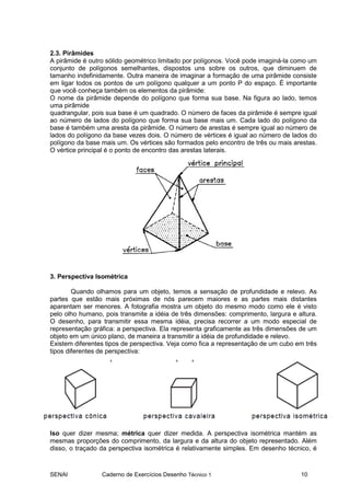 2.3. Pirâmides
A pirâmide é outro sólido geométrico limitado por polígonos. Você pode imaginá-la como um
conjunto de polígonos semelhantes, dispostos uns sobre os outros, que diminuem de
tamanho indefinidamente. Outra maneira de imaginar a formação de uma pirâmide consiste
em ligar todos os pontos de um polígono qualquer a um ponto P do espaço. É importante
que você conheça também os elementos da pirâmide:
O nome da pirâmide depende do polígono que forma sua base. Na figura ao lado, temos
uma pirâmide
quadrangular, pois sua base é um quadrado. O número de faces da pirâmide é sempre igual
ao número de lados do polígono que forma sua base mais um. Cada lado do polígono da
base é também uma aresta da pirâmide. O número de arestas é sempre igual ao número de
lados do polígono da base vezes dois. O número de vértices é igual ao número de lados do
polígono da base mais um. Os vértices são formados pelo encontro de três ou mais arestas.
O vértice principal é o ponto de encontro das arestas laterais.




3. Perspectiva Isométrica

        Quando olhamos para um objeto, temos a sensação de profundidade e relevo. As
partes que estão mais próximas de nós parecem maiores e as partes mais distantes
aparentam ser menores. A fotografia mostra um objeto do mesmo modo como ele é visto
pelo olho humano, pois transmite a idéia de três dimensões: comprimento, largura e altura.
O desenho, para transmitir essa mesma idéia, precisa recorrer a um modo especial de
representação gráfica: a perspectiva. Ela representa graficamente as três dimensões de um
objeto em um único plano, de maneira a transmitir a idéia de profundidade e relevo.
Existem diferentes tipos de perspectiva. Veja como fica a representação de um cubo em três
tipos diferentes de perspectiva:




Iso quer dizer mesma; métrica quer dizer medida. A perspectiva isométrica mantém as
mesmas proporções do comprimento, da largura e da altura do objeto representado. Além
disso, o traçado da perspectiva isométrica é relativamente simples. Em desenho técnico, é



SENAI            Caderno de Exercícios Desenho Técnico 1                            10
 