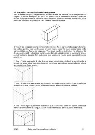 3.5. Traçando a perspectiva isométrica do prisma
Para aprender o traçado da perspectiva isométrica você vai partir de um sólido geométrico
simples: o prisma retangular. No início do aprendizado é interessante manter à mão um
modelo real para analisar e comparar com o resultado obtido no desenho. Neste caso, você
pode usar o modelo de plástico ou uma caixa de fósforos fechada.




O traçado da perspectiva será demonstrado em cinco fases apresentadas separadamente.
Na prática, porém, elas são traçadas em um mesmo desenho. Aqui, essas fases estão
representadas nas figuras da esquerda. Você deve repetir as instruções no reticulado da
direita. Assim, você verificará se compreendeu bem os procedimentos e, ao mesmo tempo,
poderá praticar o traçado. Em cada nova fase você deve repetir todos os procedimentos
anteriores.

1ª fase - Trace levemente, à mão livre, os eixos isométricos e indique o comprimento, a
largura e a altura sobre cada eixo, tomando como base as medidas aproximadas do prisma
representado na figura anterior.




2ª fase - A partir dos pontos onde você marcou o comprimento e a altura, trace duas linhas
isométricas que se cruzam. Assim ficará determinada a face da frente do modelo.




3ª fase - Trace agora duas linhas isométricas que se cruzam a partir dos pontos onde você
marcou o comprimento e a largura. Assim ficará determinada a face superior do modelo.




SENAI            Caderno de Exercícios Desenho Técnico 1                            13
 