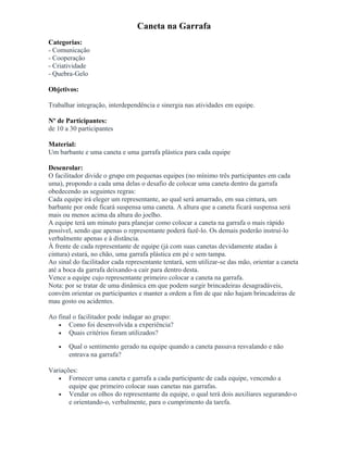 Caneta na Garrafa
Categorias:
- Comunicação
- Cooperação
- Criatividade
- Quebra-Gelo
Objetivos:
Trabalhar integração, interdependência e sinergia nas atividades em equipe.
Nº de Participantes:
de 10 a 30 participantes
Material:
Um barbante e uma caneta e uma garrafa plástica para cada equipe
Desenrolar:
O facilitador divide o grupo em pequenas equipes (no mínimo três participantes em cada
uma), propondo a cada uma delas o desafio de colocar uma caneta dentro da garrafa
obedecendo as seguintes regras:
Cada equipe irá eleger um representante, ao qual será amarrado, em sua cintura, um
barbante por onde ficará suspensa uma caneta. A altura que a caneta ficará suspensa será
mais ou menos acima da altura do joelho.
A equipe terá um minuto para planejar como colocar a caneta na garrafa o mais rápido
possível, sendo que apenas o representante poderá fazê-lo. Os demais poderão instruí-lo
verbalmente apenas e à distância.
À frente de cada representante de equipe (já com suas canetas devidamente atadas à
cintura) estará, no chão, uma garrafa plástica em pé e sem tampa.
Ao sinal do facilitador cada representante tentará, sem utilizar-se das mão, orientar a caneta
até a boca da garrafa deixando-a cair para dentro desta.
Vence a equipe cujo representante primeiro colocar a caneta na garrafa.
Nota: por se tratar de uma dinâmica em que podem surgir brincadeiras desagradáveis,
convém orientar os participantes e manter a ordem a fim de que não hajam brincadeiras de
mau gosto ou acidentes.
Ao final o facilitador pode indagar ao grupo:
• Como foi desenvolvida a experiência?
• Quais critérios foram utilizados?
• Qual o sentimento gerado na equipe quando a caneta passava resvalando e não
entrava na garrafa?
Variações:
• Fornecer uma caneta e garrafa a cada participante de cada equipe, vencendo a
equipe que primeiro colocar suas canetas nas garrafas.
• Vendar os olhos do representante da equipe, o qual terá dois auxiliares segurando-o
e orientando-o, verbalmente, para o cumprimento da tarefa.
 