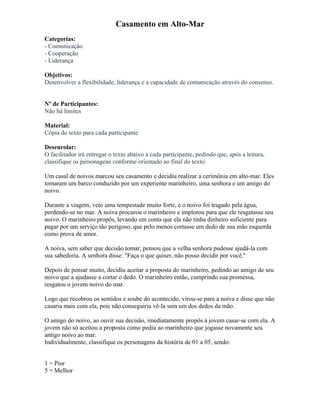 Casamento em Alto-Mar
Categorias:
- Comunicação
- Cooperação
- Liderança
Objetivos:
Desenvolver a flexibilidade, liderança e a capacidade de comunicação através do consenso.
Nº de Participantes:
Não há limites
Material:
Cópia do texto para cada participante
Desenrolar:
O facilitador irá entregar o texto abaixo a cada participante, pedindo que, após a leitura,
classifique os personagens conforme orientado ao final do texto:
Um casal de noivos marcou seu casamento e decidiu realizar a cerimônia em alto-mar. Eles
tomaram um barco conduzido por um experiente marinheiro, uma senhora e um amigo do
noivo.
Durante a viagem, veio uma tempestade muito forte, e o noivo foi tragado pela água,
perdendo-se no mar. A noiva procurou o marinheiro e implorou para que ele resgatasse seu
noivo. O marinheiro propôs, levando em conta que ela não tinha dinheiro suficiente para
pagar por um serviço tão perigoso, que pelo menos cortasse um dedo de sua mão esquerda
como prova de amor.
A noiva, sem saber que decisão tomar, pensou que a velha senhora pudesse ajudá-la com
sua sabedoria. A senhora disse: "Faça o que quiser, não posso decidir por você."
Depois de pensar muito, decidiu aceitar a proposta do marinheiro, pedindo ao amigo de seu
noivo que a ajudasse a cortar o dedo. O marinheiro então, cumprindo sua promessa,
resgatou o jovem noivo do mar.
Logo que recobrou os sentidos e soube do acontecido, virou-se para a noiva e disse que não
casaria mais com ela, pois não conseguiria vê-la sem um dos dedos da mão.
O amigo do noivo, ao ouvir sua decisão, imediatamente propôs à jovem casar-se com ela. A
jovem não só aceitou a proposta como pediu ao marinheiro que jogasse novamente seu
antigo noivo ao mar.
Individualmente, classifique os personagens da história de 01 a 05, sendo:
1 = Pior
5 = Melhor
 