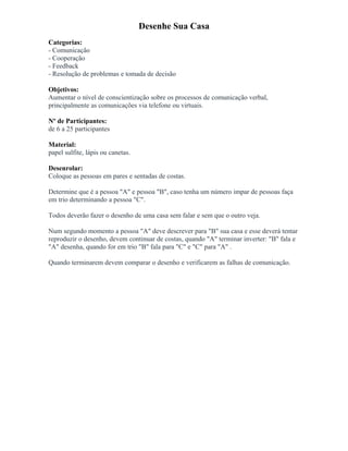 Desenhe Sua Casa
Categorias:
- Comunicação
- Cooperação
- Feedback
- Resolução de problemas e tomada de decisão
Objetivos:
Aumentar o nível de conscientização sobre os processos de comunicação verbal,
principalmente as comunicações via telefone ou virtuais.
Nº de Participantes:
de 6 a 25 participantes
Material:
papel sulfite, lápis ou canetas.
Desenrolar:
Coloque as pessoas em pares e sentadas de costas.
Determine que é a pessoa "A" e pessoa "B", caso tenha um número impar de pessoas faça
em trio determinando a pessoa "C".
Todos deverão fazer o desenho de uma casa sem falar e sem que o outro veja.
Num segundo momento a pessoa "A" deve descrever para "B" sua casa e esse deverá tentar
reproduzir o desenho, devem continuar de costas, quando "A" terminar inverter: "B" fala e
"A" desenha, quando for em trio "B" fala para "C" e "C" para "A" .
Quando terminarem devem comparar o desenho e verificarem as falhas de comunicação.
 