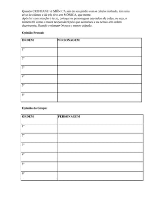 Quando CRISTIANE vê MÔNICA sair do seu prédio com o cabelo molhado, tem uma
crise de ciúmes e dá três tiros em MÔNICA, que morre.
Após ler com atenção o texto, coloque os personagens em ordem de culpa, ou seja, o
número 01 como o maior responsável pelo que aconteceu e os demais em ordem
decrescente, ficando o número 06 para o menos culpado.
Opinião Pessoal:
ORDEM PERSONAGEM
1º
2º
3º
4º
5º
6º
Opinião do Grupo:
ORDEM PERSONAGEM
1º
2º
3º
4º
5º
6º
 