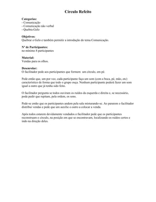 Círculo Refeito
Categorias:
- Comunicação
- Comunicação não verbal
- Quebra-Gelo
Objetivos:
Quebrar o Gelo e também permitir a introdução do tema Comunicação.
Nº de Participantes:
no mínimo 8 participantes
Material:
Vendas para os olhos.
Desenrolar:
O facilitador pede aos participantes que formem um círculo, em pé.
Pede então que, um por vez, cada participante faça um som (com a boca, pé, mão, etc)
característico de forma que todo o grupo ouça. Nenhum participante poderá fazer um som
igual a outro que já tenha sido feito.
O facilitador pergunta se todos ouviram os ruídos da esquerda e direita e, se necessário,
pode pedir que repitam, pela ordem, os sons.
Pede-se então que os participantes andem pela sala misturando-se. Ao pararem o facilitador
distribui vendas e pede que um auxilie o outro a colocar a venda.
Após todos estarem devidamente vendados o facilitador pede que os participantes
reconstruam o círculo, na posição em que se encontravam, localizando os ruídos certos e
indo na direção deles.
 