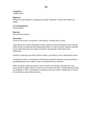 Nó
Categorias:
- Quebra-Gelo
Objetivos:
Promover a descontração e a integração do grupo. Despertar o espírito de trabalho em
equipe.
Nº de Participantes:
Não há limites
Material:
Não necessita material
Desenrolar:
Forma-se um círculo, com quinze a vinte pessoas, voltadas para o centro.
Todas devem dar as mãos da seguinte forma: a palma da mão direita para cima ao lado do
ombro direito e a palma da mão esquerda para baixo, ao lado do ombro esquerdo, pedindo-
se que olhem bem para seus colegas da direita e da esquerda e memorizem suas
fisionomias.
Orienta-se então para que todos soltem as mãos e se misturem, sem se dispersarem muito.
À medida que forem se misturando, informar que quando for dado um sinal para pararem,
que permaneçam como "estátua" onde se encontrarem neste momento.
Pedir que dêem as mãos novamente como no início, encontrando seus pares mas sem
mover os pés do chão. Formar-se-á um nó com os braços de todos. O facilitador pede então
que desfaçam o "NÓ", retornando-se à posição inicial (um círculo, voltadas para o centro),
sem soltarem as mãos umas das outras.
 