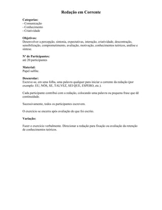 Redação em Corrente
Categorias:
- Comunicação
- Conhecimento
- Criatividade
Objetivos:
Desenvolver a percepção, sintonia, expectativas, interação, criatividade, descontração,
sensibilização, comprometimento, avaliação, motivação, conhecimentos teóricos, análise e
síntese.
Nº de Participantes:
até 20 participantes
Material:
Papel sulfite.
Desenrolar:
Escreve-se, em uma folha, uma palavra qualquer para iniciar a corrente da redação (por
exemplo: EU, NÓS, SE, TALVEZ, SEI QUE, ESPERO, etc.).
Cada participante contribui com a redação, colocando uma palavra ou pequena frase que dê
continuidade.
Sucessivamente, todos os participantes escrevem.
O exercício se encerra após avaliação do que foi escrito.
Variação:
Fazer o exercício verbalmente. Direcionar a redação para fixação ou avaliação da retenção
de conhecimentos teóricos.
 