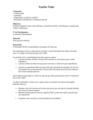 Espelho Triplo
Categorias:
- Comunicação
- Liderança
- Negociação e gestão de conflitos
- Resolução de problemas e tomada de decisão
Objetivos:
Permitir introduzir temas como liderança, acúmulo de tarefas, centralização, comunicação
verbal e indiferença.
Nº de Participantes:
no mínimo 4 participantes
Material:
Não necessita material
Desenrolar:
O facilitador divide os participantes em grupos de 4 pessoas.
Em cada grupo coloca-se uma pessoa em frente a outra formando uma roda em formato
cruz (+) e elege-se uma pessoa que será o líder.
Ao sinal de início os participantes deverão seguir as regras:
• a pessoa na frente do líder tem que fazer mesmos os movimentos para o líder
imitando-o;
• a pessoa à direta do líder tem que puxar conversa e o líder tem que respondê-las;
• a pessoa à esquerda do líder tem que sentir que está tendo sua atenção. Se isto não
for atendido ela se retira da roda. Cabe ao líder não deixá-la sair de jeito nenhum e
dar a maior atenção possível.
Após algum tempo muda-se o líder na roda até que todos passem pelo mesmo "transtorno"
de ser este "líder".
Ao final o facilitador verifica com o grupo como se sentiram em cada um dos papéis,
podendo observar:
• Quantas vezes nós mesmos já tivemos que passar por este tipo de situação fazendo
mil coisas ao mesmo tempo?
• Quantas pessoas querem exercer o papel de líder, porém sem saber a pressão que
isto representa?
• E quantas vezes ouvimos as nossas próprias necessidades?
 