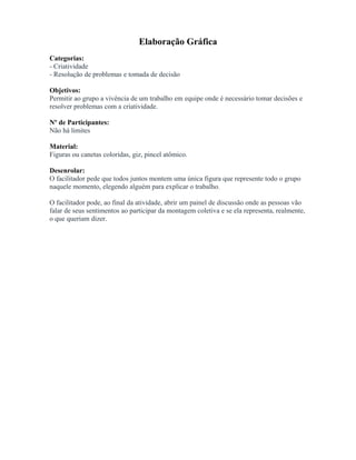 Elaboração Gráfica
Categorias:
- Criatividade
- Resolução de problemas e tomada de decisão
Objetivos:
Permitir ao grupo a vivência de um trabalho em equipe onde é necessário tomar decisões e
resolver problemas com a criatividade.
Nº de Participantes:
Não há limites
Material:
Figuras ou canetas coloridas, giz, pincel atômico.
Desenrolar:
O facilitador pede que todos juntos montem uma única figura que represente todo o grupo
naquele momento, elegendo alguém para explicar o trabalho.
O facilitador pode, ao final da atividade, abrir um painel de discussão onde as pessoas vão
falar de seus sentimentos ao participar da montagem coletiva e se ela representa, realmente,
o que queriam dizer.
 